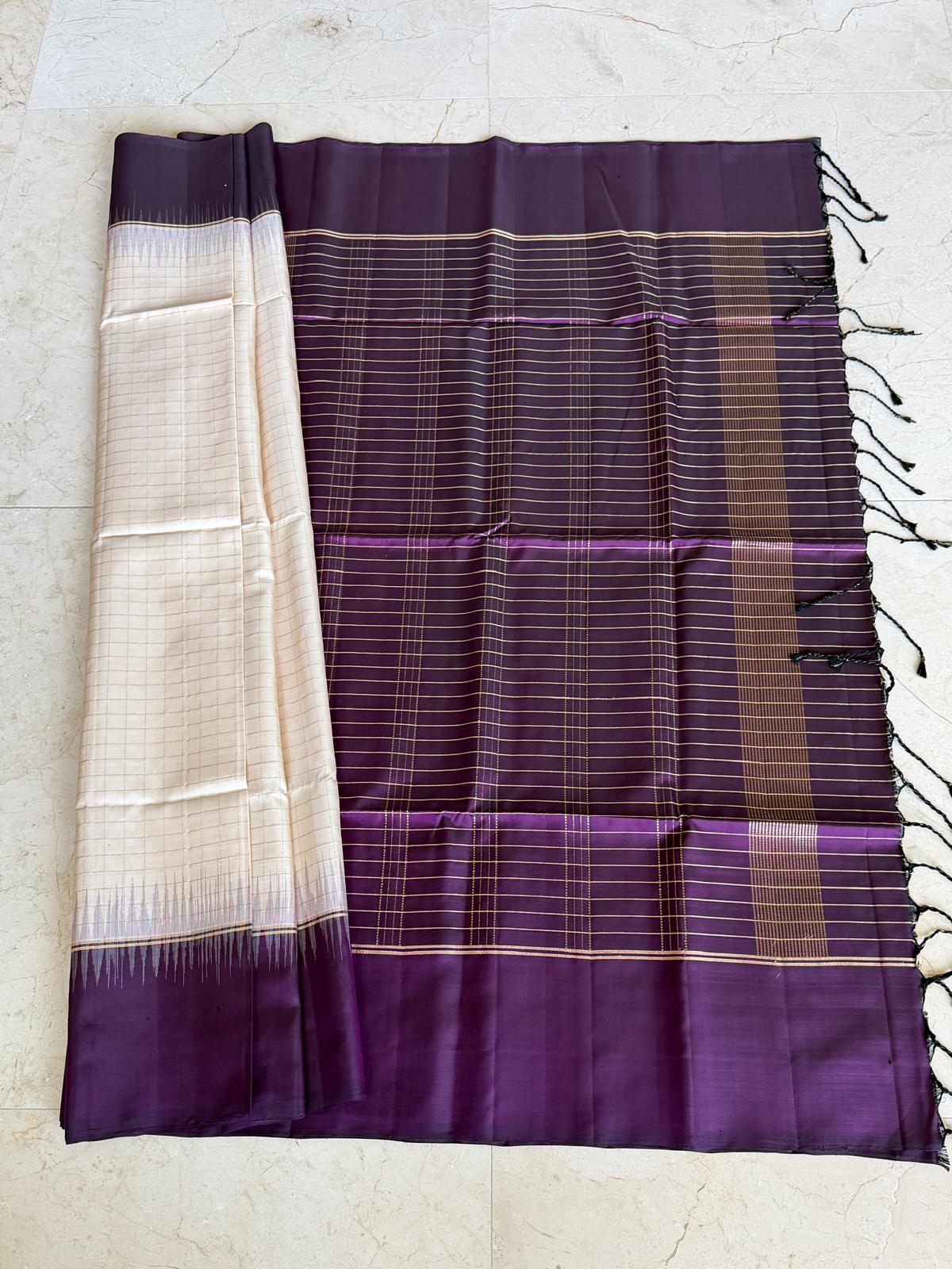 Off-white and wine red soft silk saree