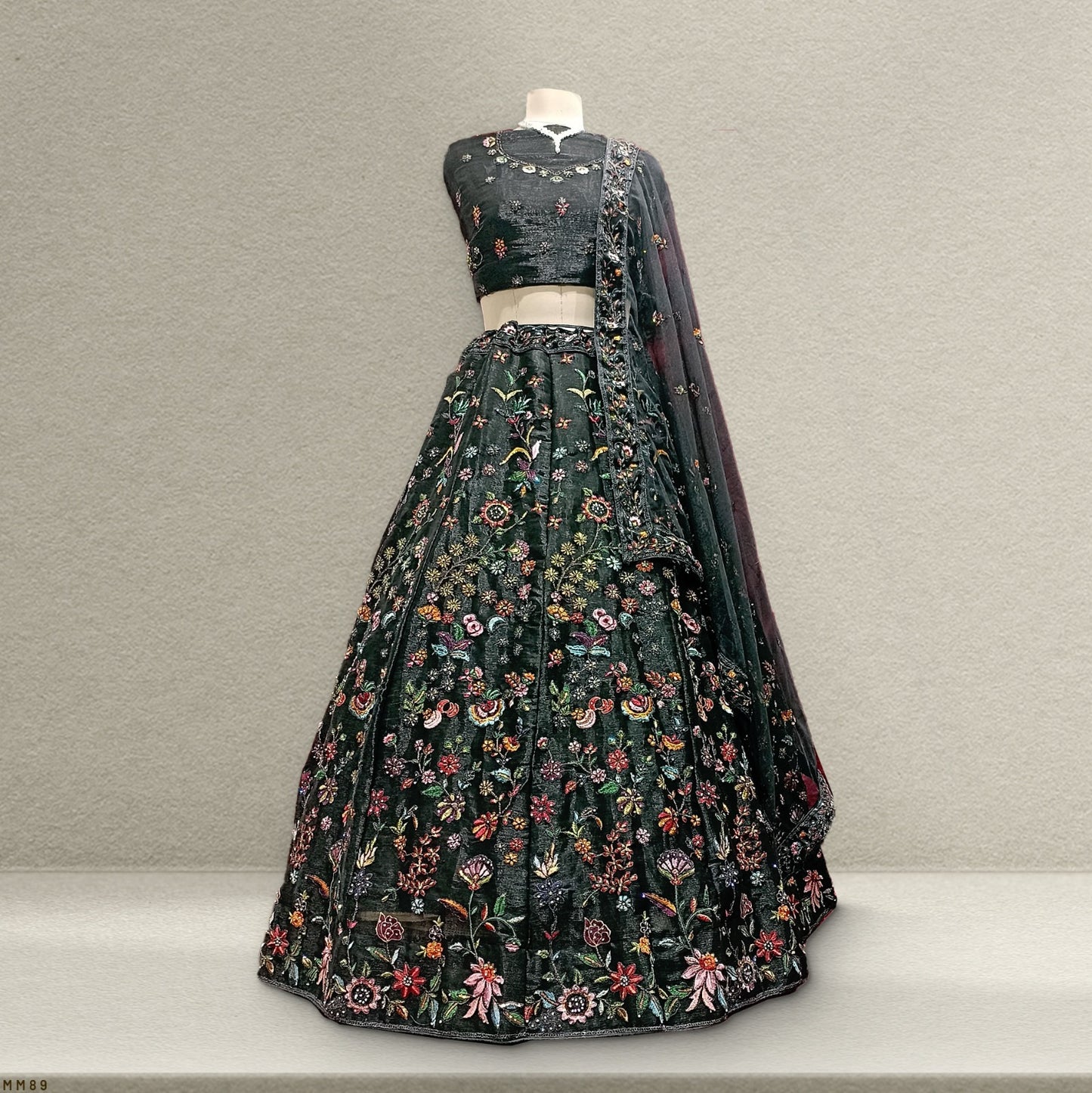 Black silk embroidered lehenga