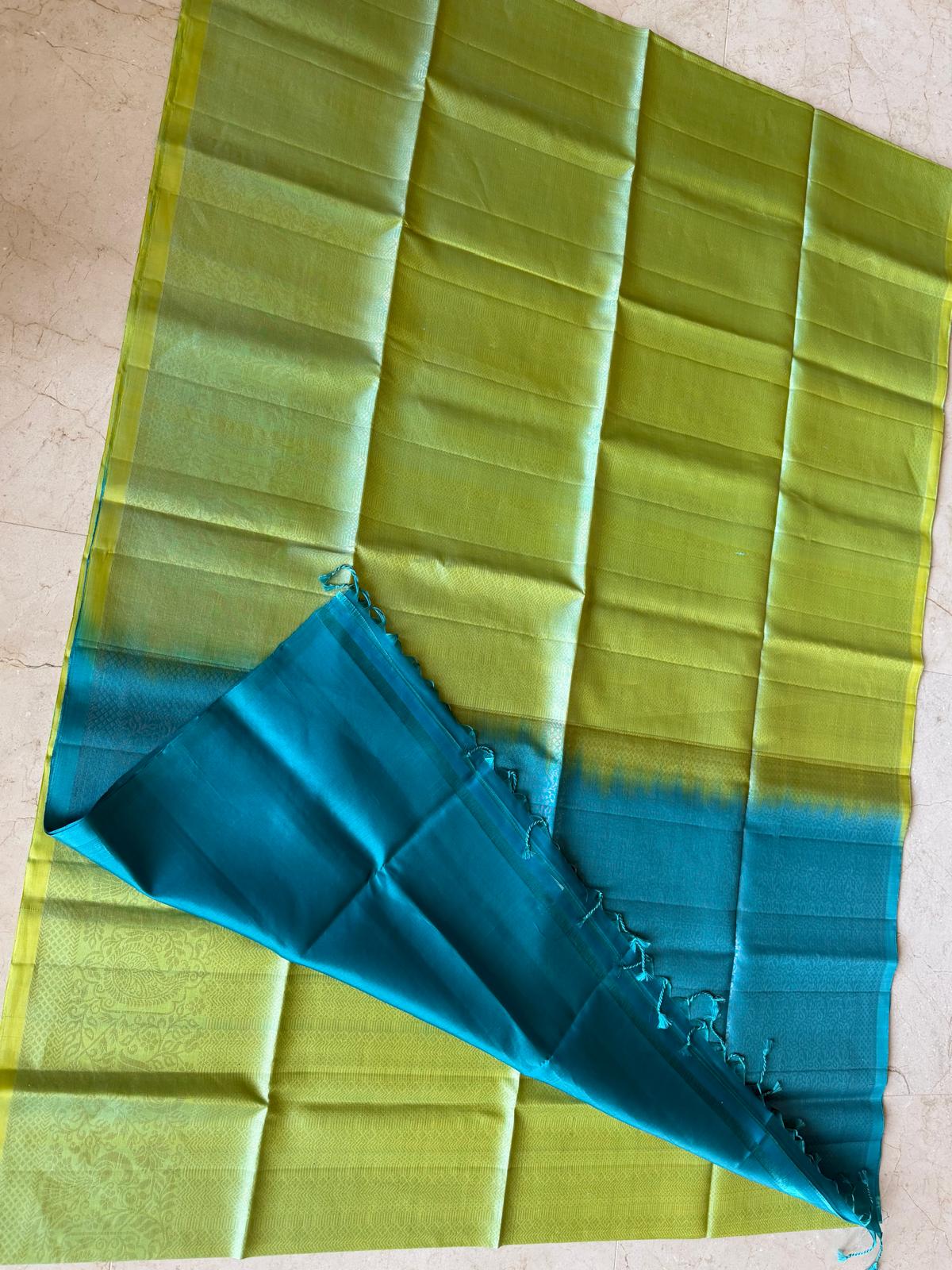 Parrot green and blue soft silk saree