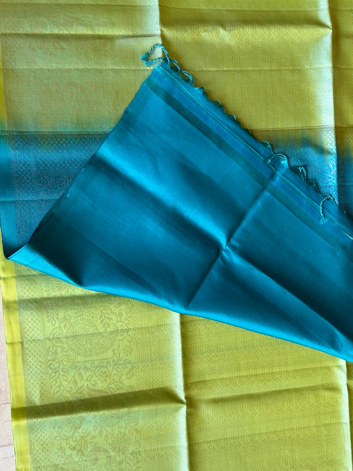 Parrot green and blue soft silk saree