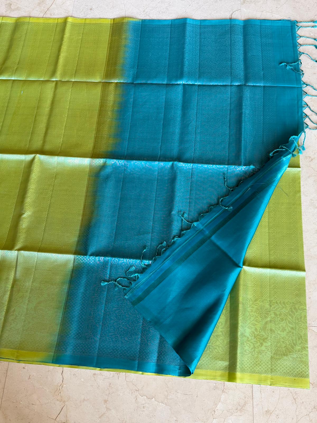Parrot green and blue soft silk saree