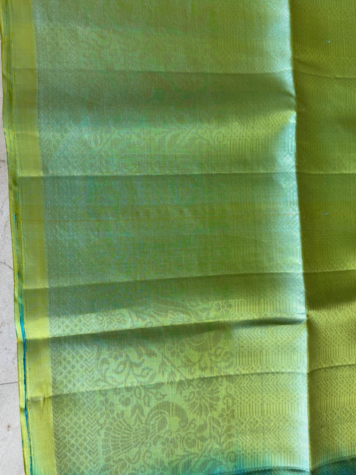 Parrot green and blue soft silk saree