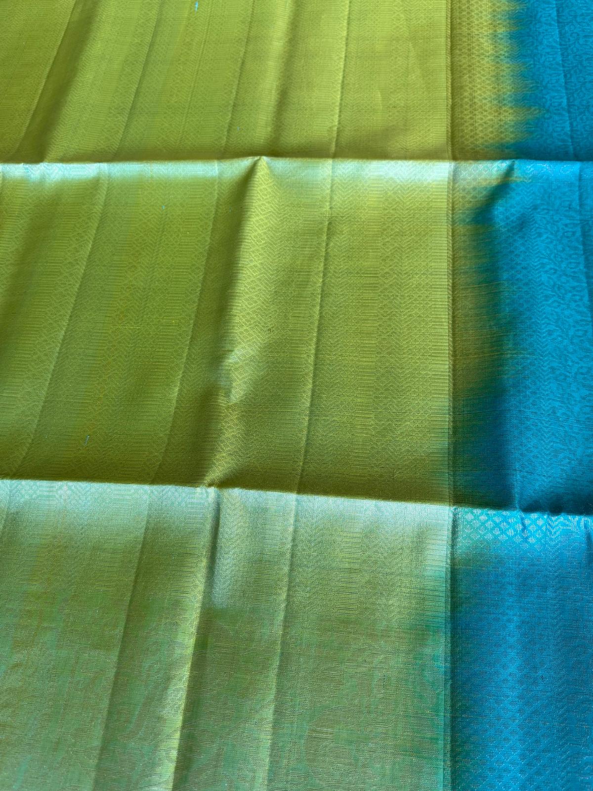 Parrot green and blue soft silk saree