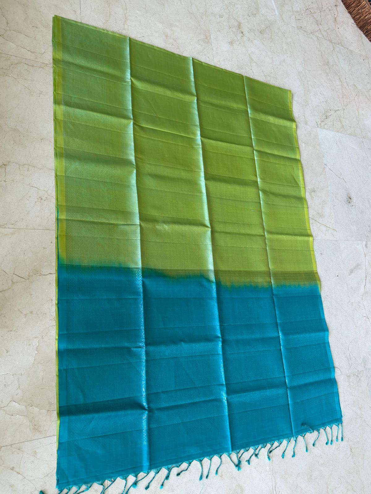Parrot green and blue soft silk saree