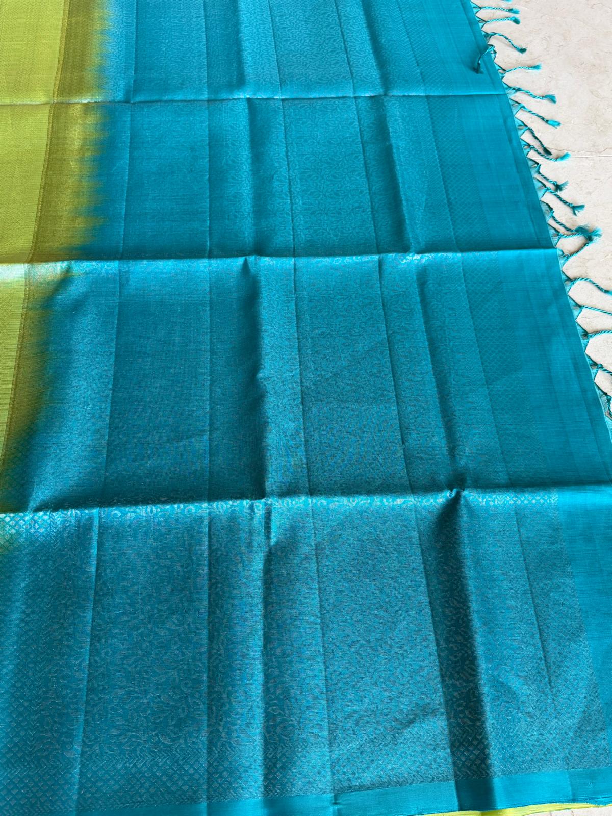 Parrot green and blue soft silk saree