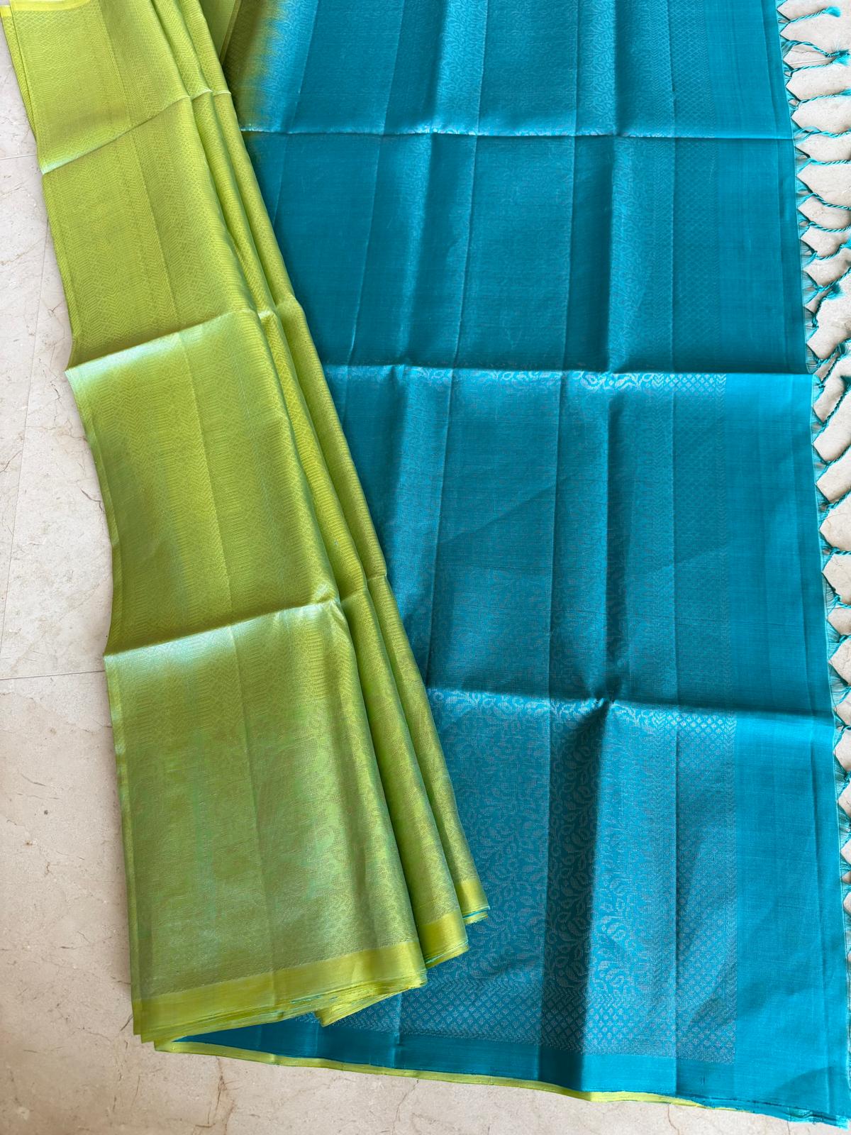 Parrot green and blue soft silk saree