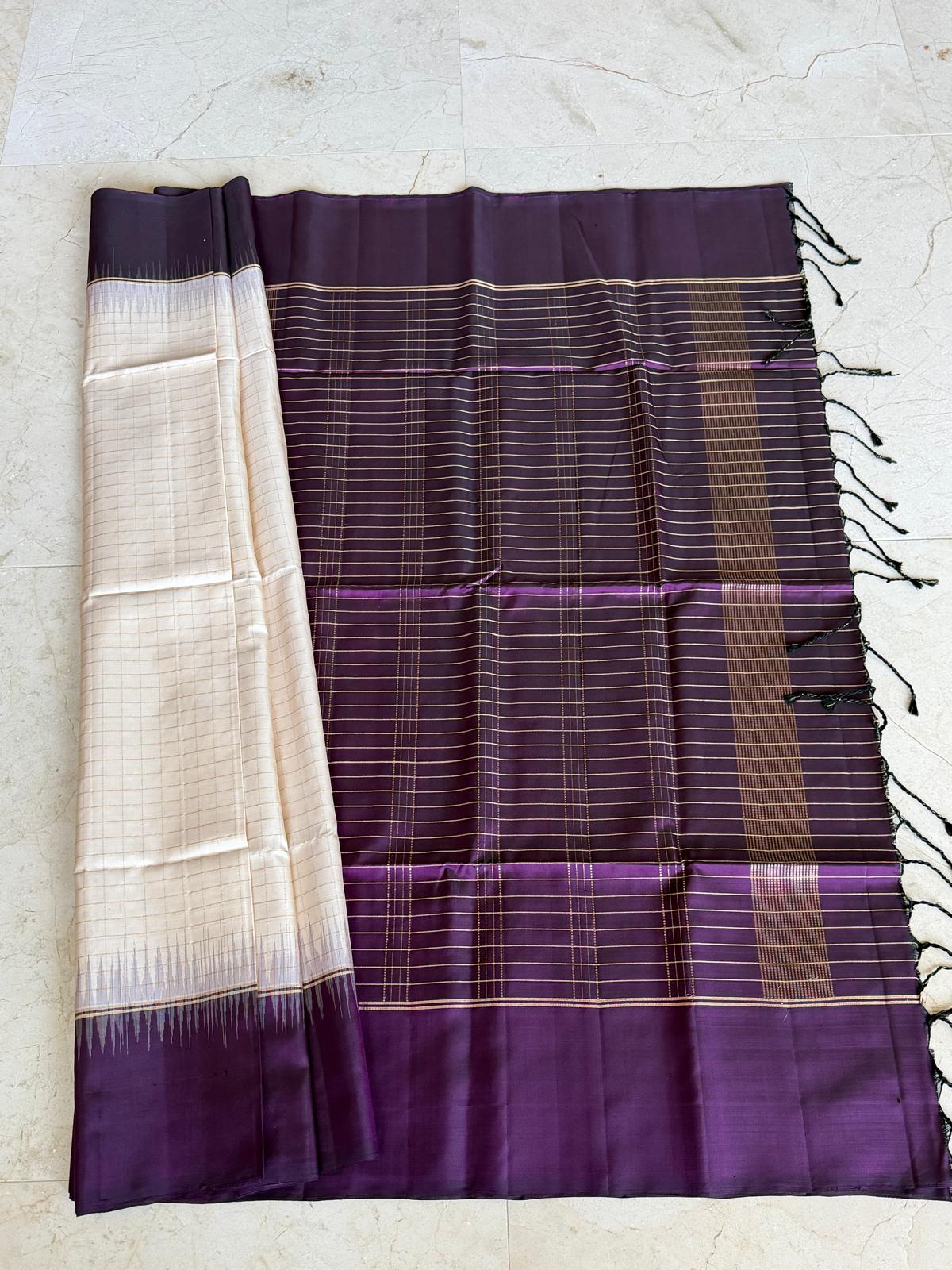 Off-white and wine red soft silk saree