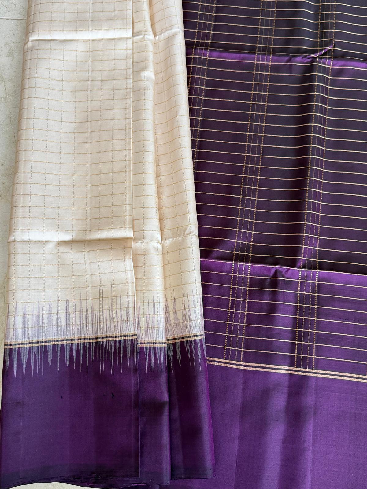 Off-white and wine red soft silk saree