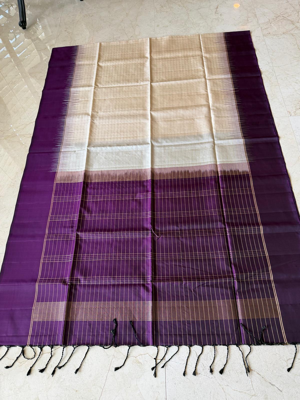 Off-white and wine red soft silk saree