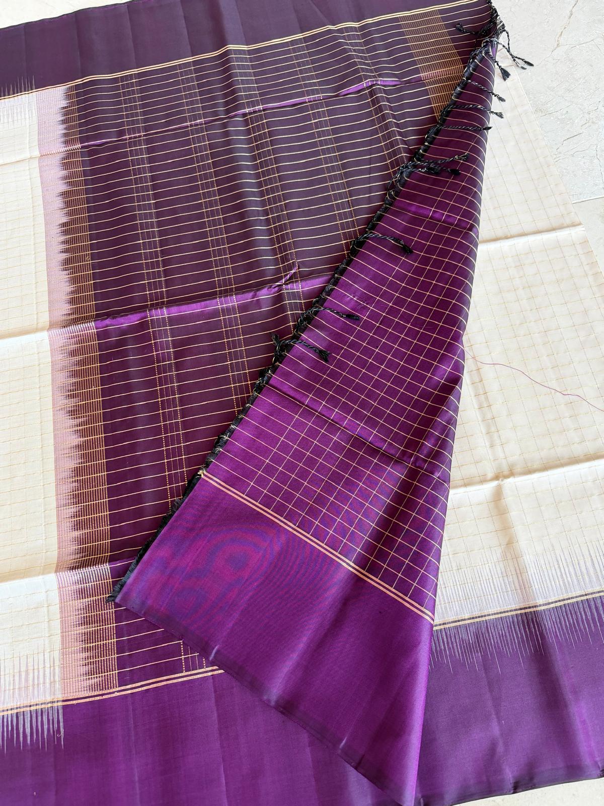 Off-white and wine red soft silk saree
