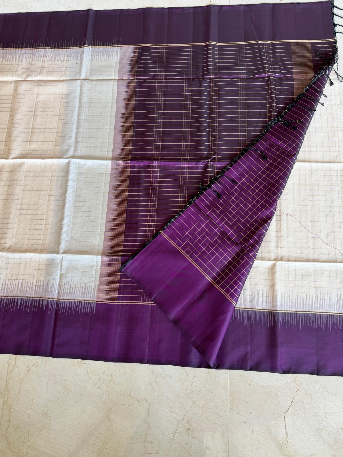 Off-white and wine red soft silk saree