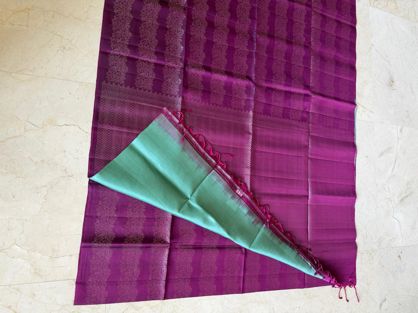 Plum red with sea green soft silk saree