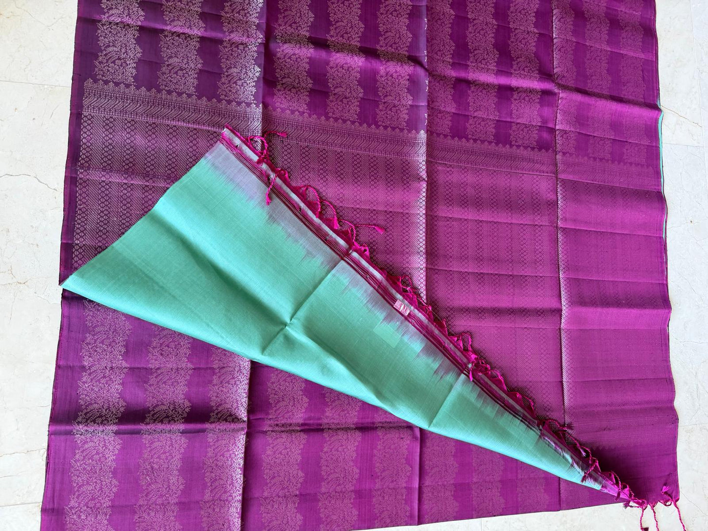 Plum red with sea green soft silk saree