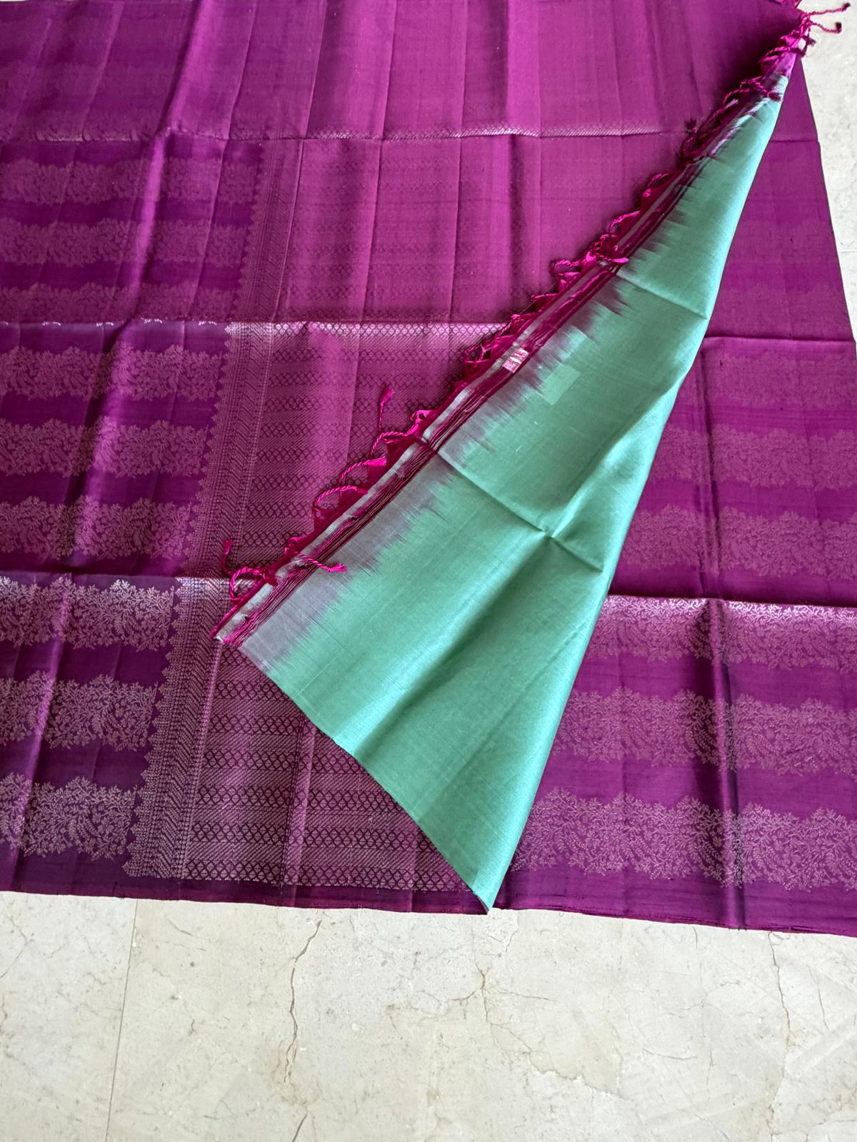 Plum red with sea green soft silk saree