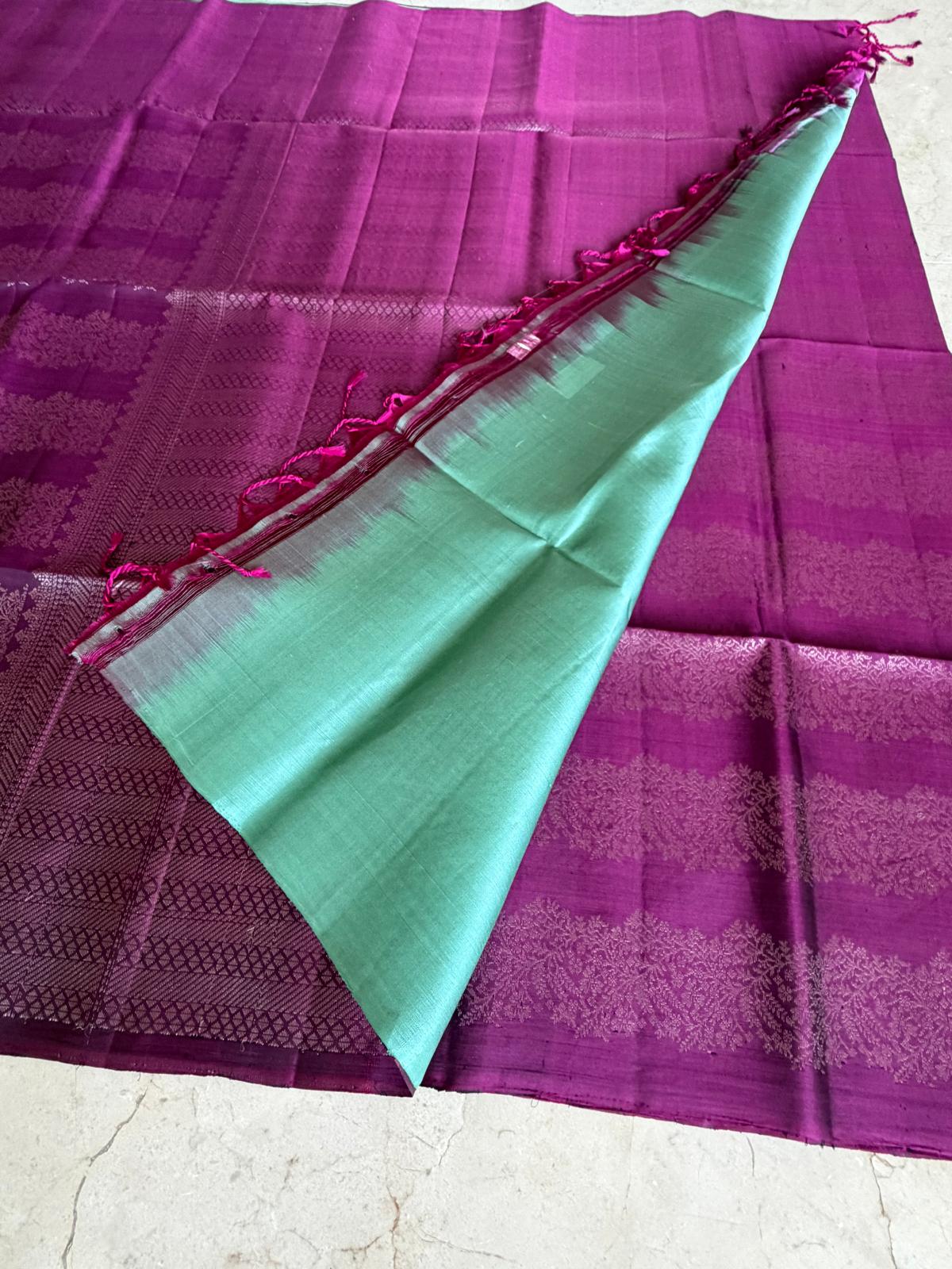 Plum red with sea green soft silk saree